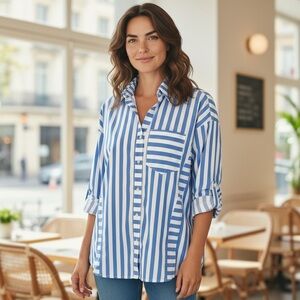 Vineyard Vines Women's Striped Button Down Shirt in Blue and White size medium